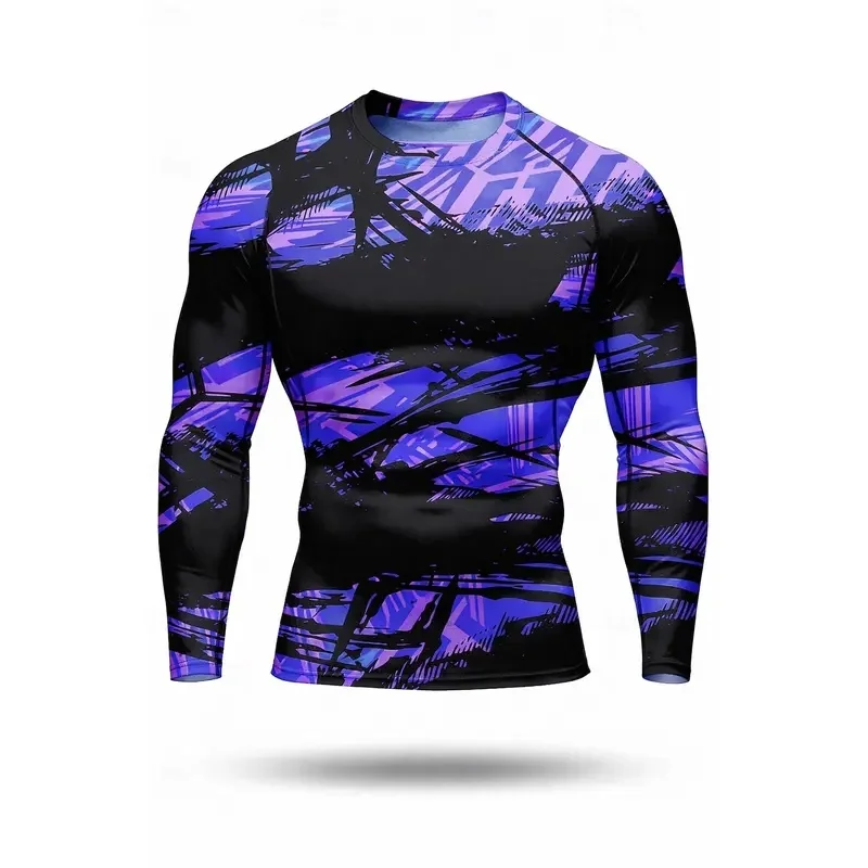 Men Neon Graffiti Scribble Print Quick Dry Compression Long Sleeve Swim Rash Guard Athletic Tops