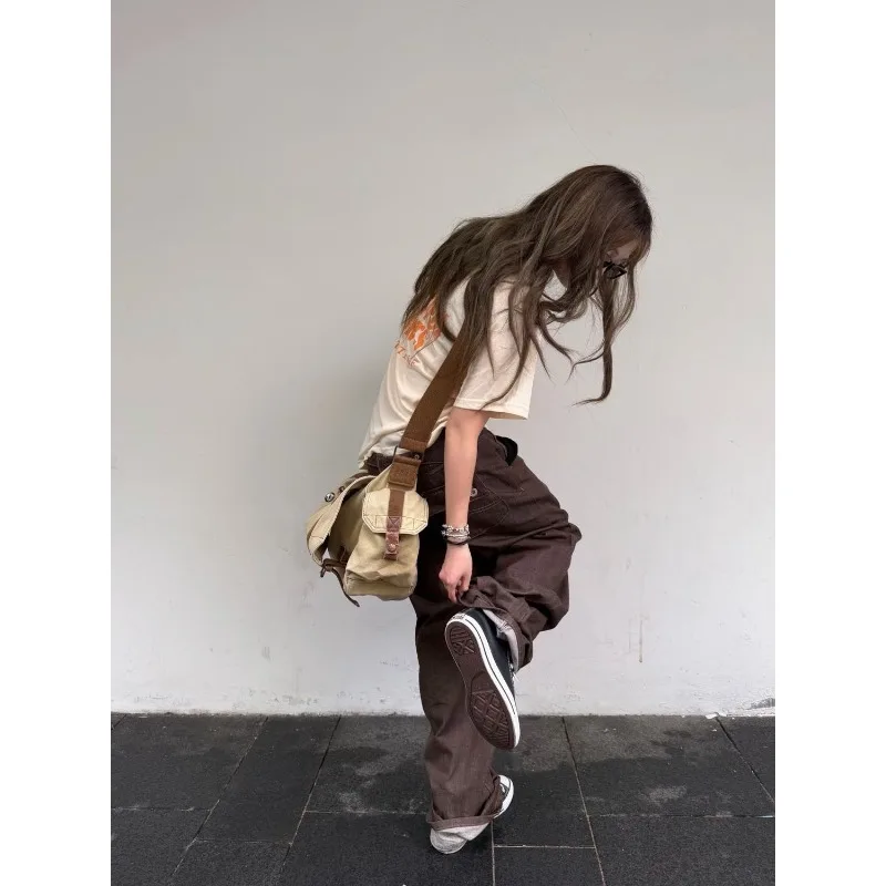 26SS Brown Original Cow Pocket Suede Splicing Paris Buckle A-shaped Version Straight Denim Trousers Men and Women The Same Style