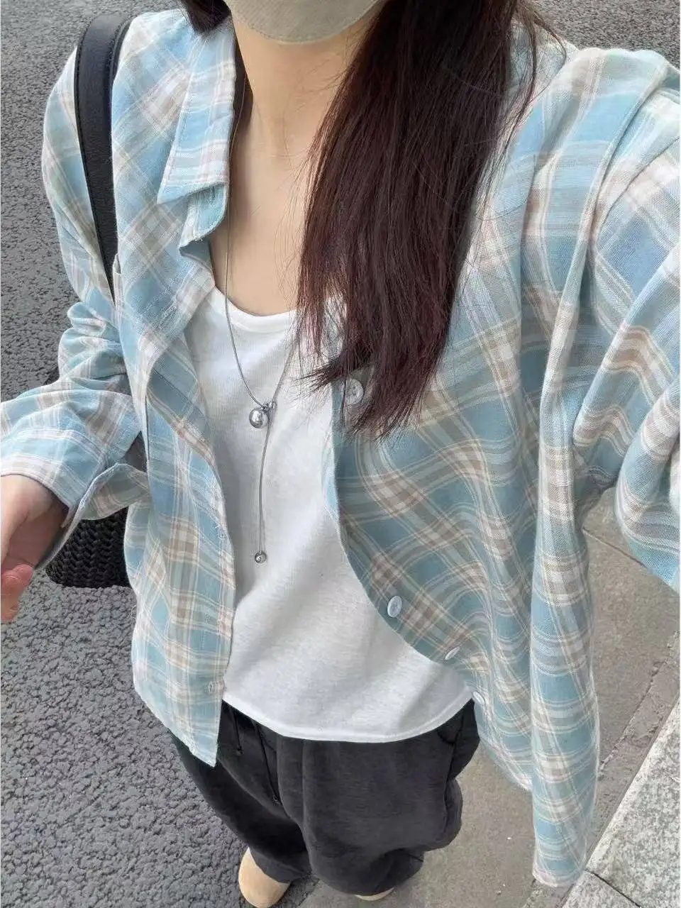 

Ретро Синий Клетчатый Длинный Све irt Повседневная Защита от Солнца Свободная Верхняя Одежда Корейский Sle Commute Wind Button Splice ket Polye...