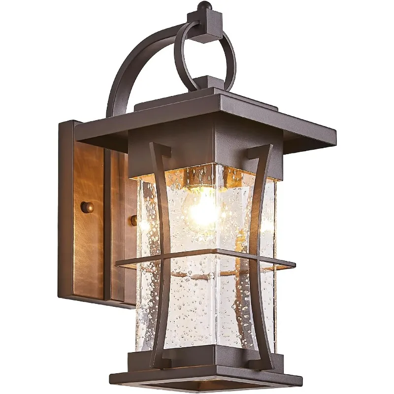 Outdoor Light Sconces Wall Mount Matte Brown Outdoor Wall Lamp Large Exterior Porch Wall Lantern with Seeded Glass 15