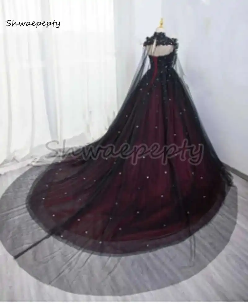 Gothic Wedding Dress Black And Burgundy A Line Wedding Gown With Long Wrap Lace Appliques Beaded vintage Vestido Customized