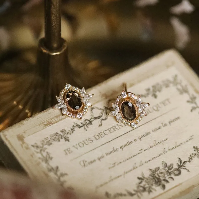 925 Sterling Silver Plated 14K Gold Vintage Delicate Inlay Coffee Colored Zirconia Kolczyki dla kobiet Wysokiej jakości biżuteria imprezowa — zdjęcie 7