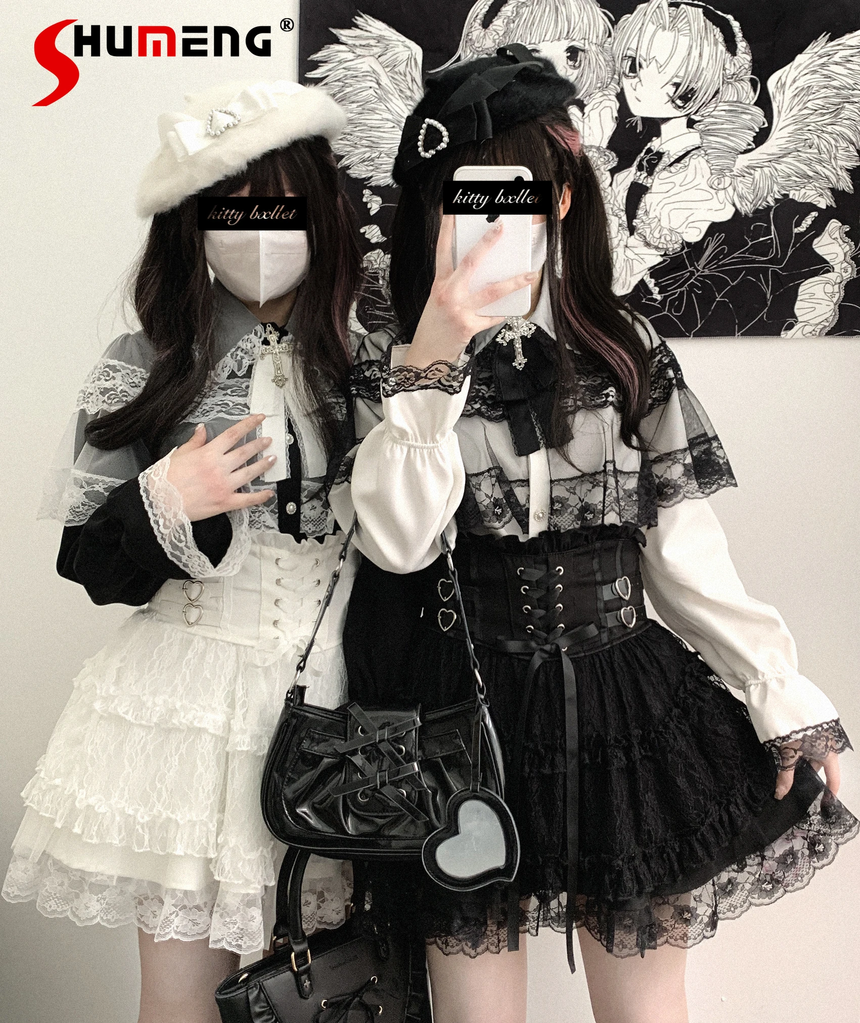 Japanese Mines Style Sweet Cute Lace Splicing Lace-up Heart PU Buckle High Waist Slim A-line Versatile Lolita Short Skirts Women