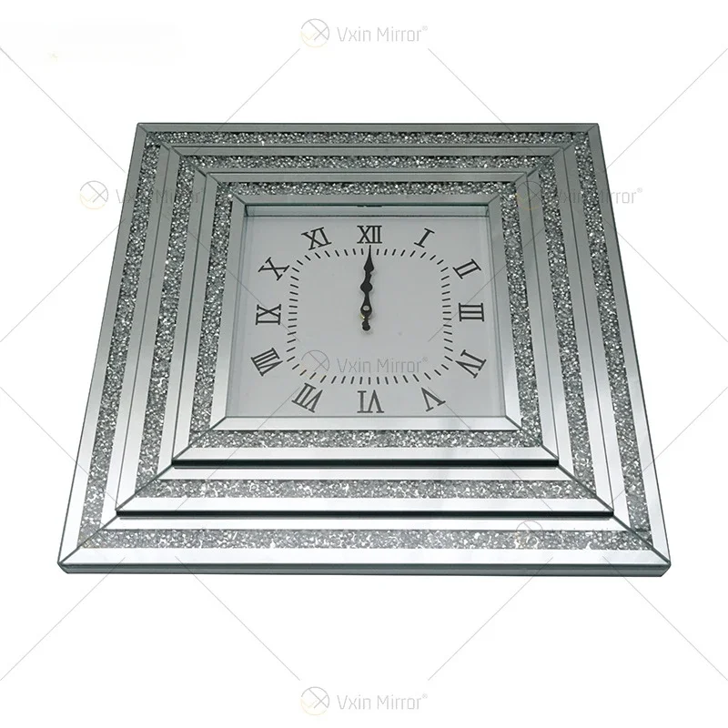 Factory custom wholesale glass crushed diamond mirror square wall clock entryway clock living room room wall clock hotel