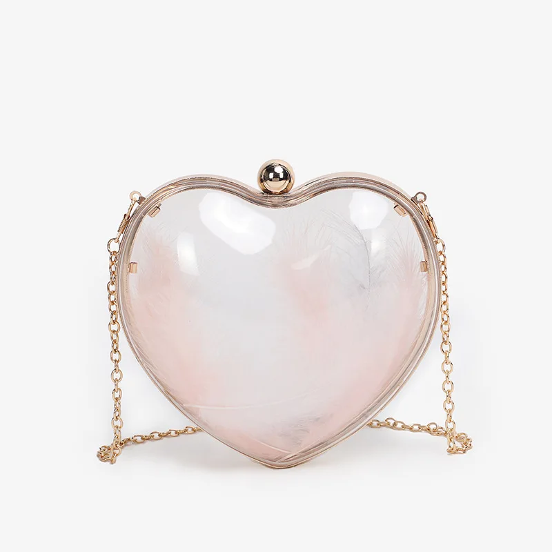 Transparent Handbag Women\'s Acrylic Clutch Bag Heart Shape Feather Sweet Wedding Purse for Bridal Chain Shoulder Bag ZD1620