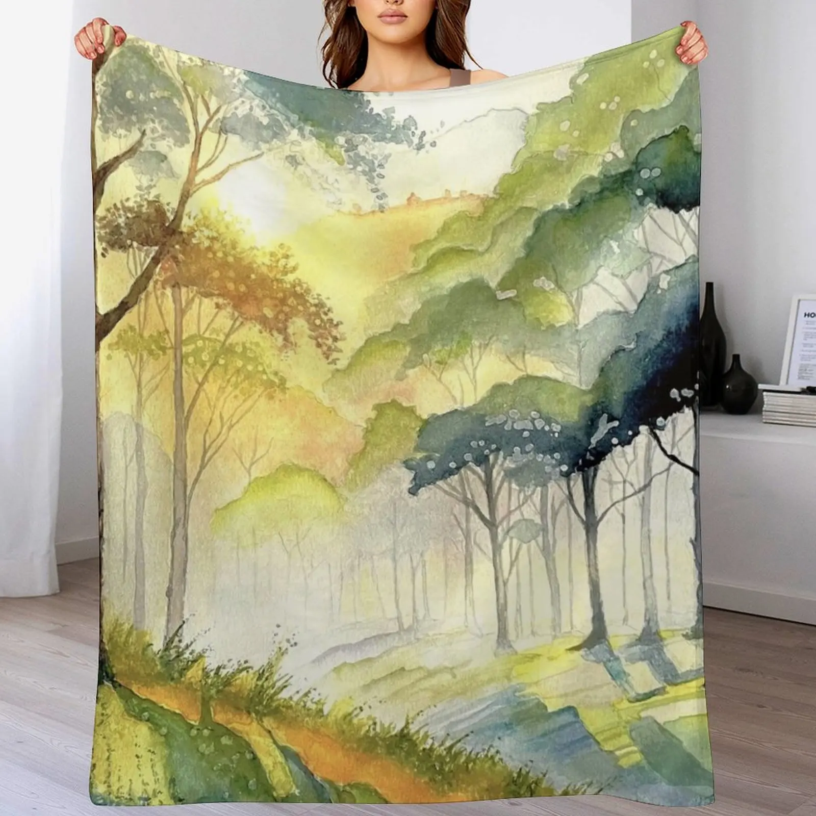 

Original watercolour of a misty mountain sunrise. Throw Blanket Retros Sofa funny gift Softest Blankets