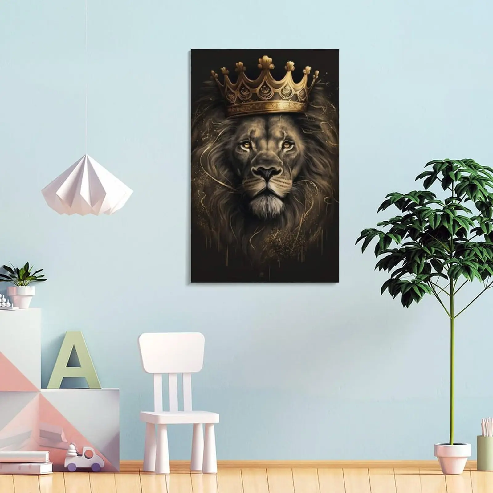 Lion King with Crown Canvas Poster, Animal Print Wall Art Decor for Living Room, Bedroom, Home Office - Frameless Modern Art Dec