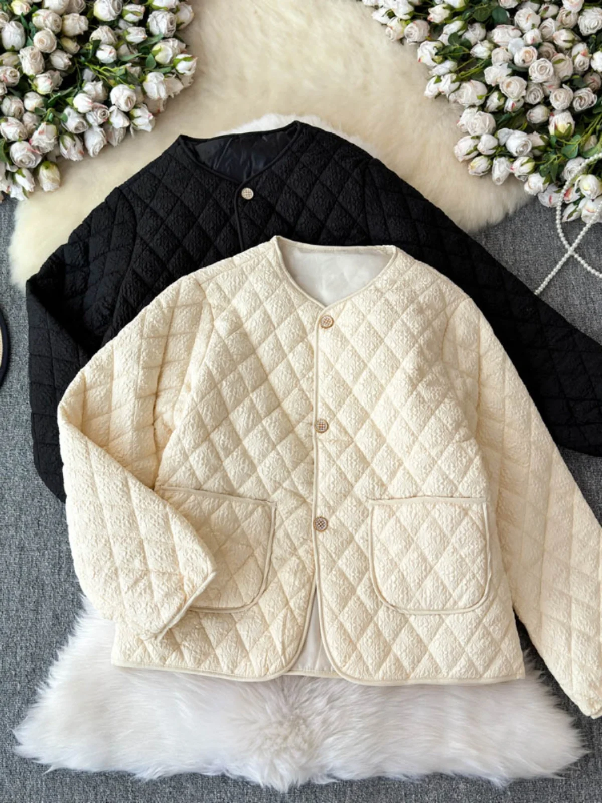 

Slimming Lightweight Cotton Jaet for Women Diamond Patterned plus Size Winter Coat Vintage High-End Feeling Thinming Outerwear