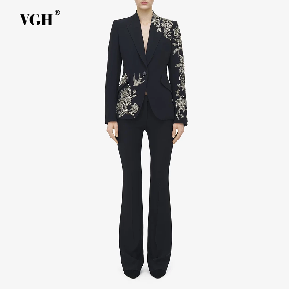 

VGH Luxurious Chic Spliced Embroidery Blazer for Women Lapel Long Sleeve Patchwork Button Slimming Jackets Female Fashion New