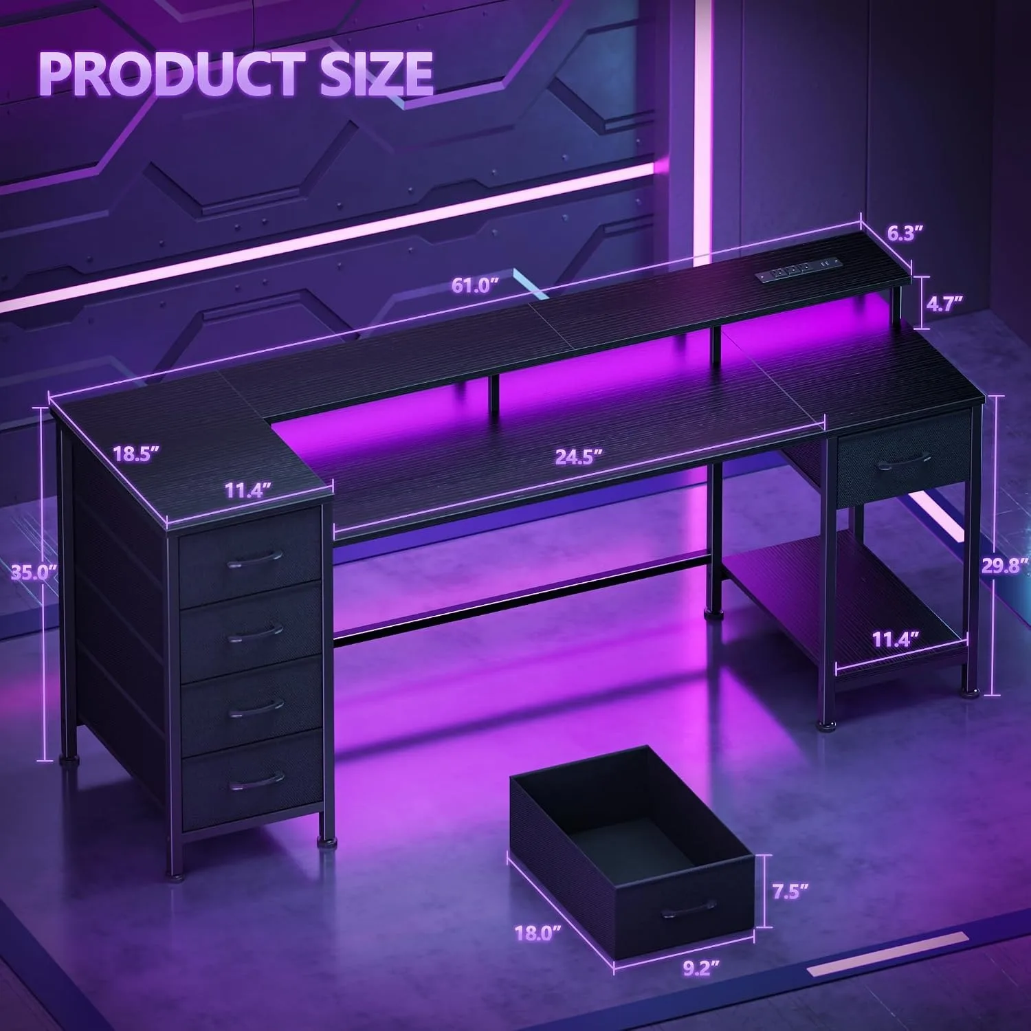 61 Inch Gaming Computer Desk with Power Outlets,LED,5 Drawers,Black