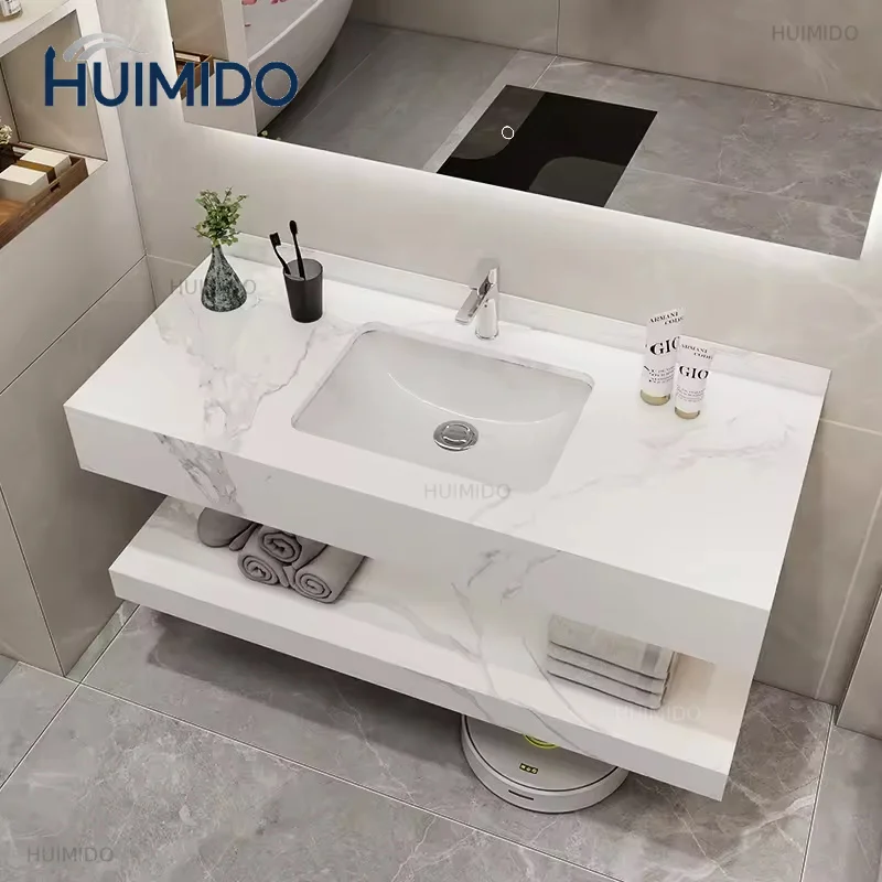 Modern Marble Sink Bathroom Vanity with LED Ceramic Washbasin and Rock- Slab Stone Cabinet for Home or Hotel Use