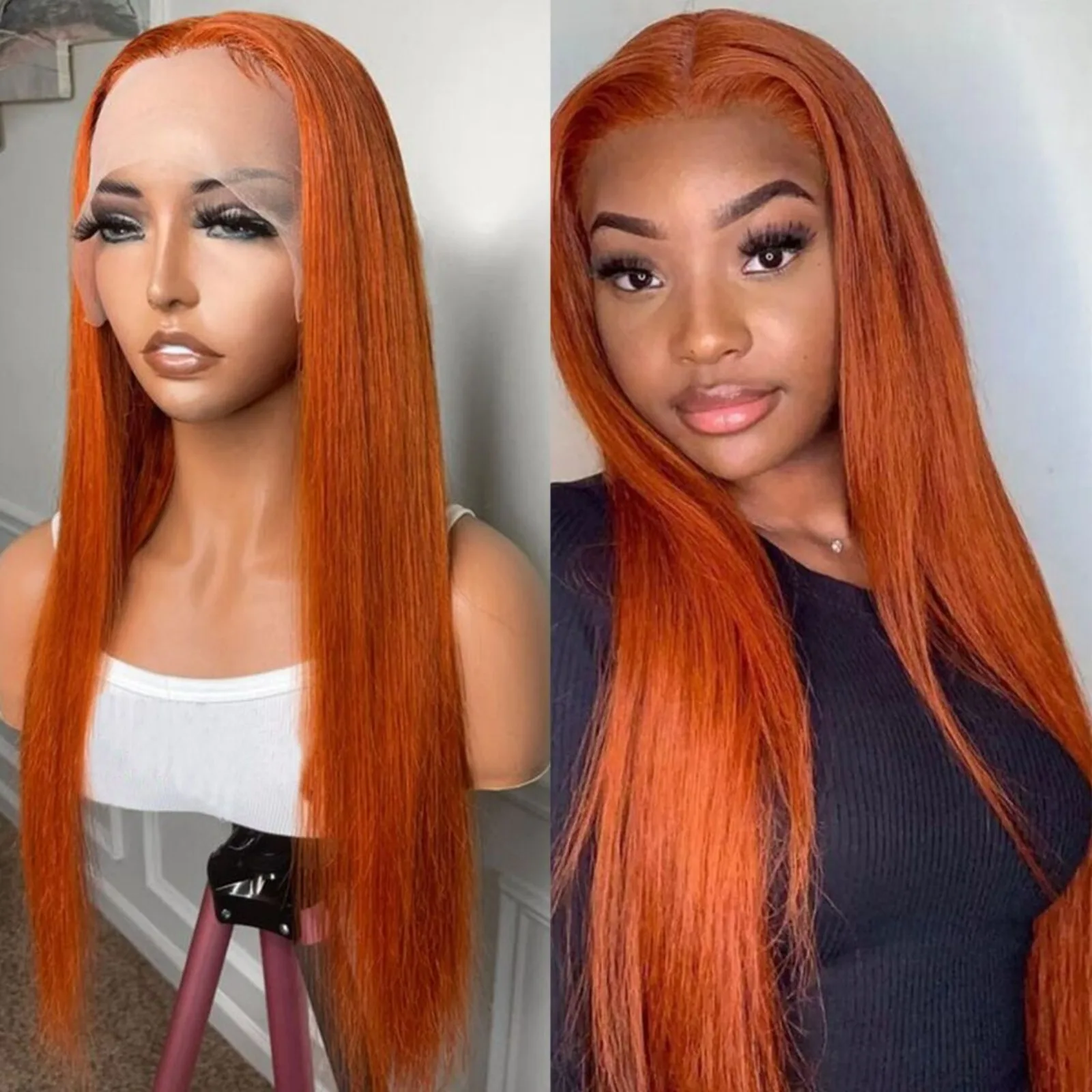 US Ginger Orange Flower Front Wig, Pre-drawn Straight Hair, without Glue