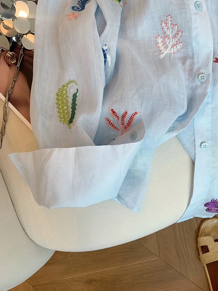 South Oil High Board Damesbloemenborduurwerk irt Dunne zonbescherming Loose Fit Koreaanse Sle Long Sve Ne Design