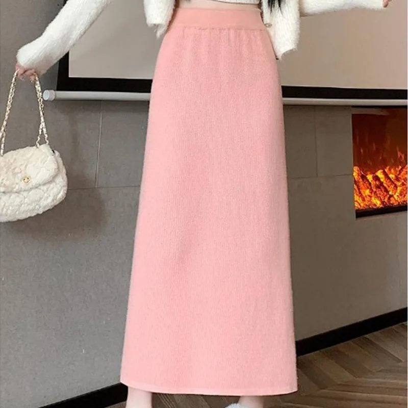 

Вязаная юбка с утолщенной бархатной высокой талией, тонкая прямая юбка средней длины для женщин