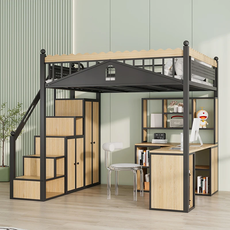 

Modern simple bed space saving loft bed new wrought iron high and low small apartment upper lower table iron bed