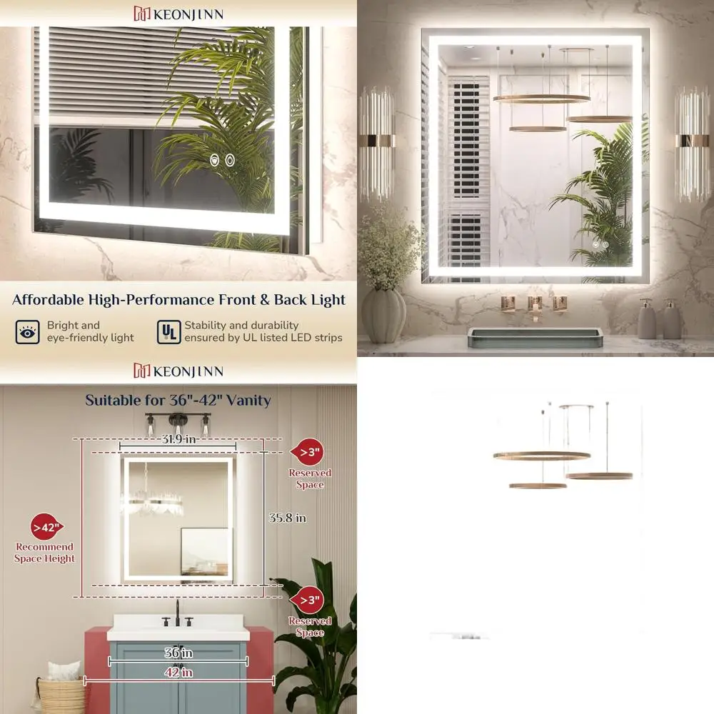 

36 светодиодных зеркал для ванной комнаты с противотуманным покрытием, передним и задним освещением, 3-цветная температура, закаленное стекло HD