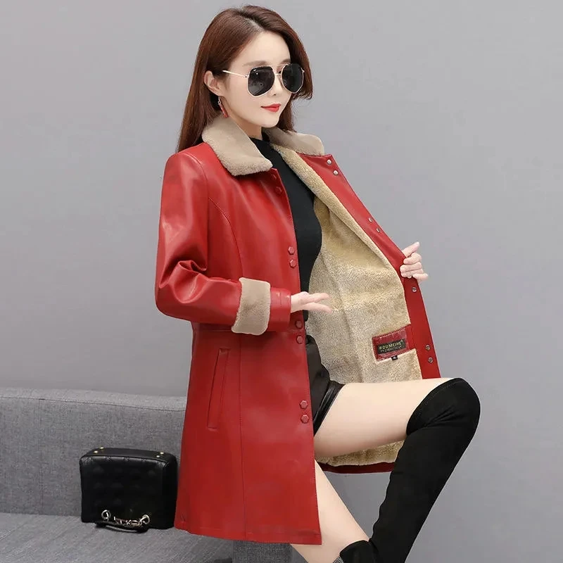 2024 New Winter Plus Velvet Thick Warm Faux Leather Jackets Trench Coat Female Fashion Women Long Leather Jacket Coats