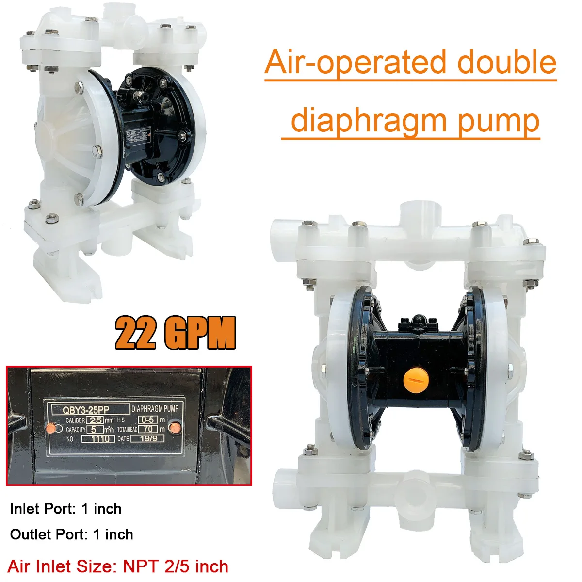 Pompa diafragma ganda dioperasikan udara pneumatik 22GPM QBY3-25APP plastik Luft Betriebene dengan Inlet dan Outlet 1 "+ Max 100 PSI
