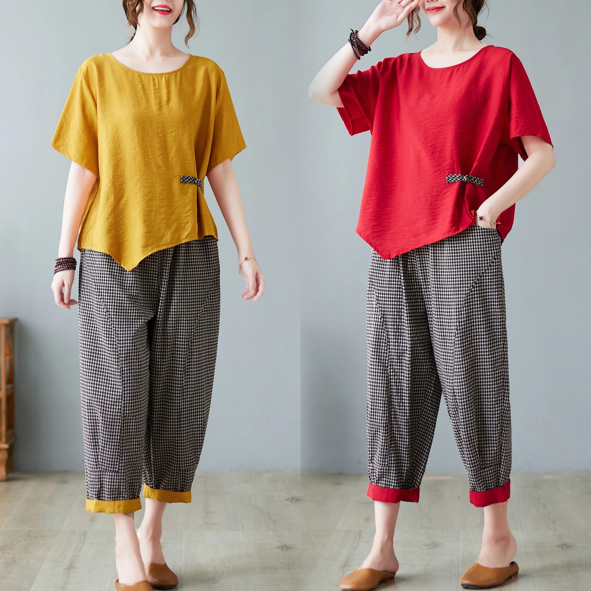 

Fashionable Wide Leg Pants Cotton Linen Set Summer Women's New Chinese Style Button Asymmetric Top Two Piece Set Women