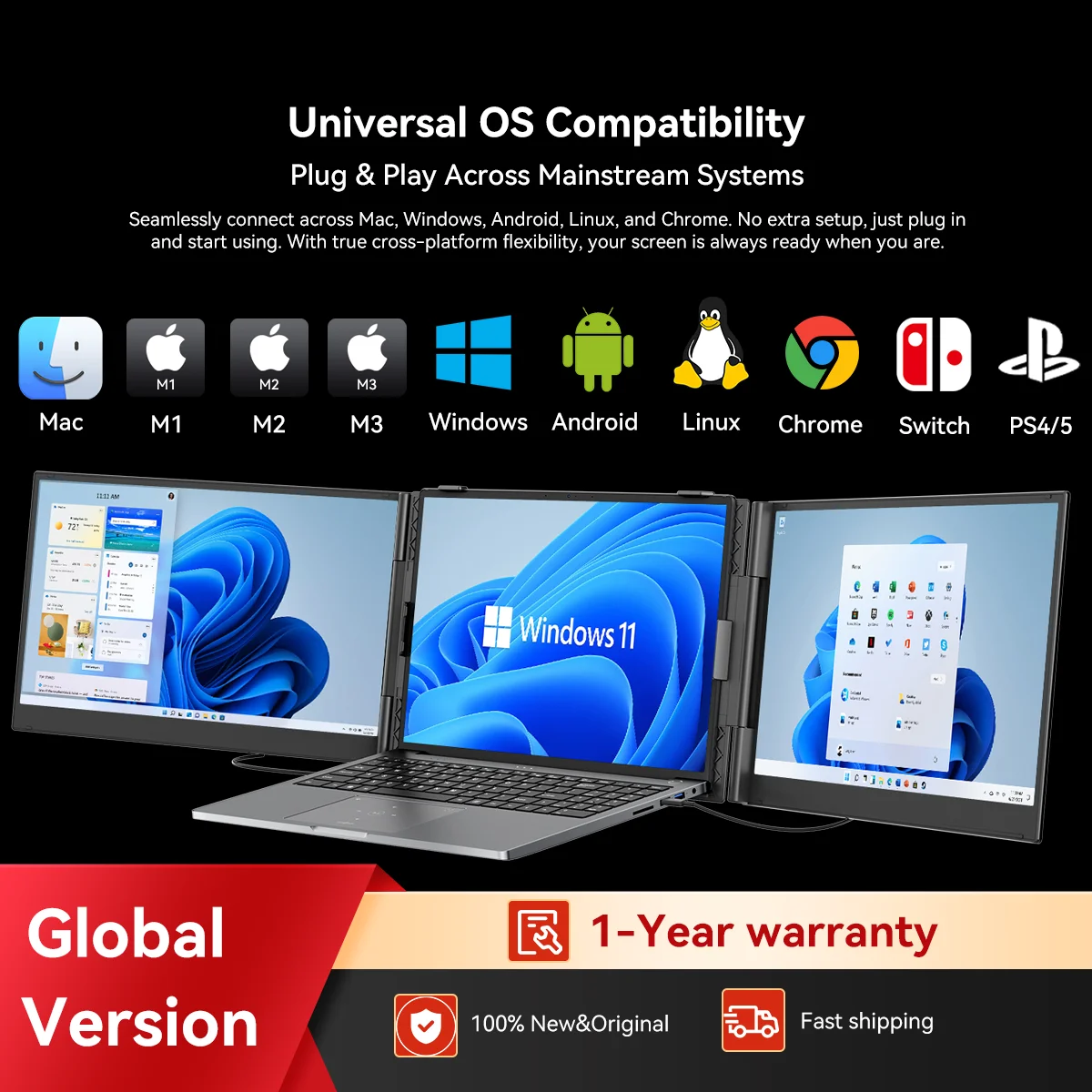 

Тройной удлинитель экрана ноутбука Blackview DCM6, портативный внешний экран 14 дюймов, 1080P FHD IPS, с Windows/Mac/Chrome OS/мобильным устройством