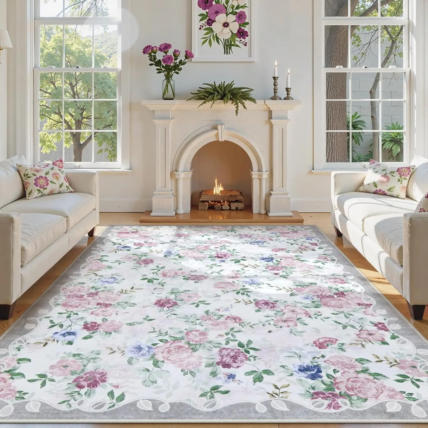 Rosa Blumenmuster Retro Elegante Teppichmatte Langlebig Weiche Anti-Rutsch-Teppich Dekoration Zuhause Wohnzimmer Schlafzimmer Dekoration Teppich