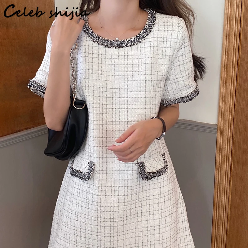 

White Tweed Dress Women 2023 Summer Short Sleeve O-neck Vintage Vestido Dress Female Runway Design Elegant Clothing Business OL