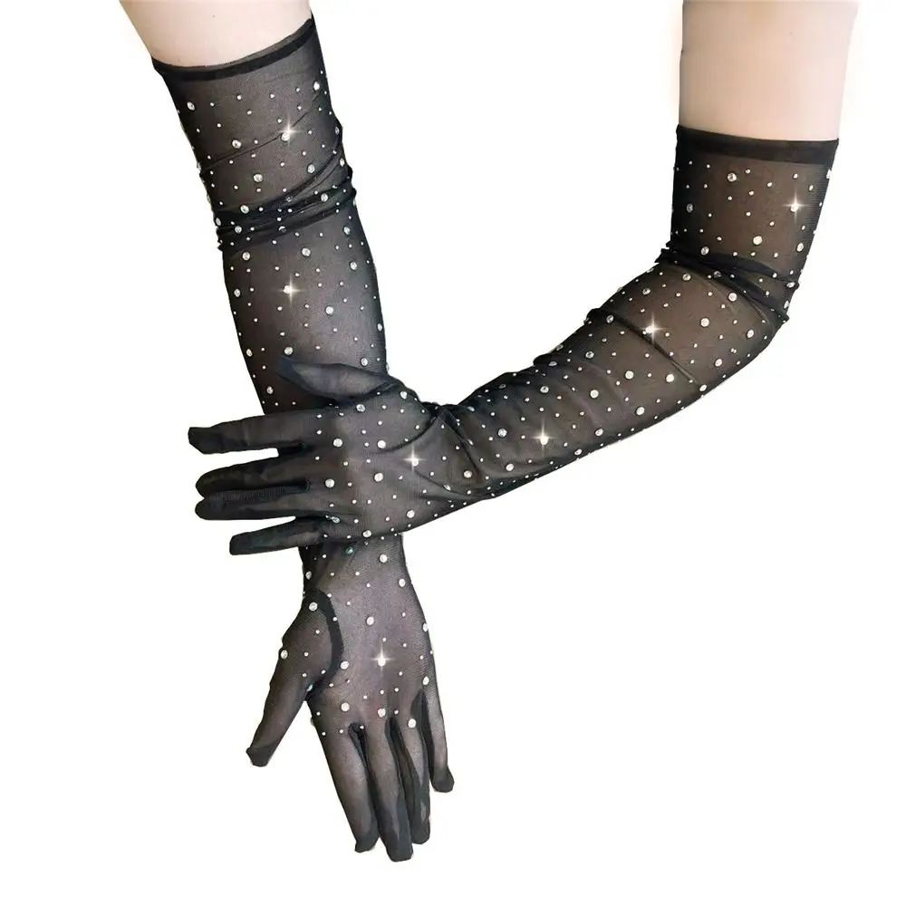 Disco Flash Diamonds Gloves Women Fashion Long Sheer Tulle Gloves Full Finger Mittens Mesh Elbow Halloween Wedding Bride Gloves