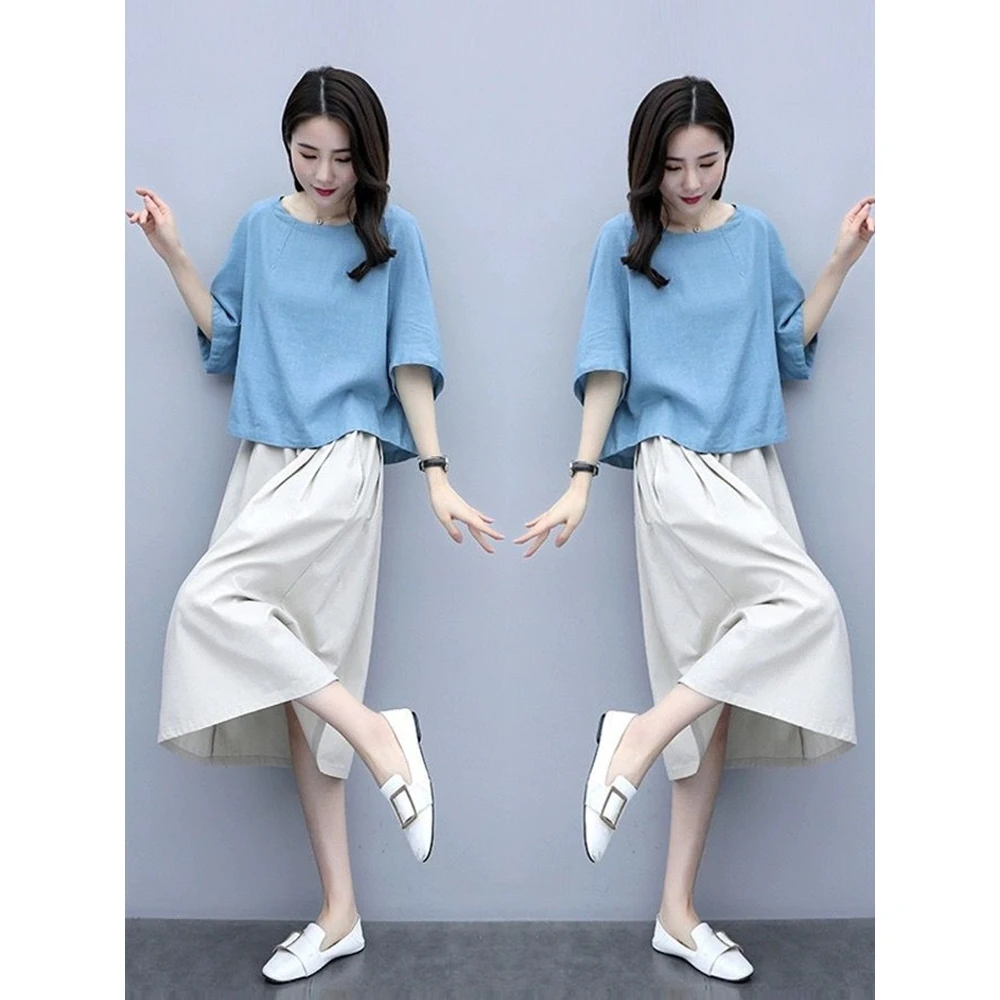 

Loose Cotton Linen Dress Women's Summer New Casual Anti-aging Two-piece Set Elegant Linen Fashionable Ensemble round Neck Sho...