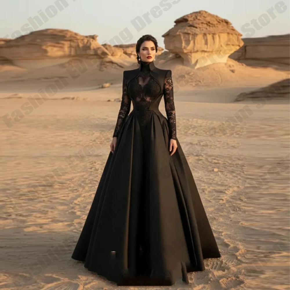 Black Women's Evening Dresses Lace Long Sleeve A-Line Princess Prom Dress Formal Cocktail Party Ball Gown Customized فساتين سهرة