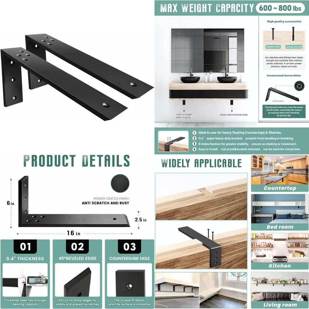دعامات L من الفولاذ شديدة التحمل لدعم كونترتوب، 3 عبوات، 16 × 6 × 2.5 بوصة، كربيل معدني سميك 3/8 لتركيب رفوف الخشب #1