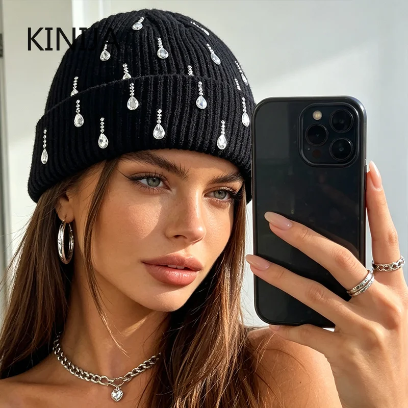 Winter Knitted Beanie Hat  Women Fashion Rhinestone Knitting Hats Ladies Casual Skullies Cap Headwear Warm Bonnet