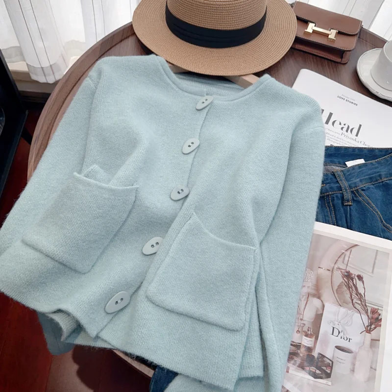 Blue Round Neck Cashmere Women Clothing Vintage Knitting Sweater Cardigan Jacket Long Sleeve Casual Fashion Female utumn Tops