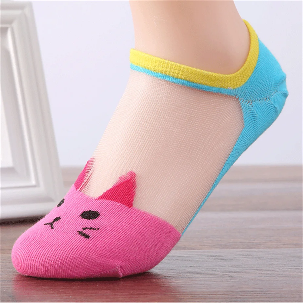 5 Pairs New High Quality Women Cat Boat Socks Transparent Short Socks Comfortable Crystal Silk Invisible Breathable Women Socks