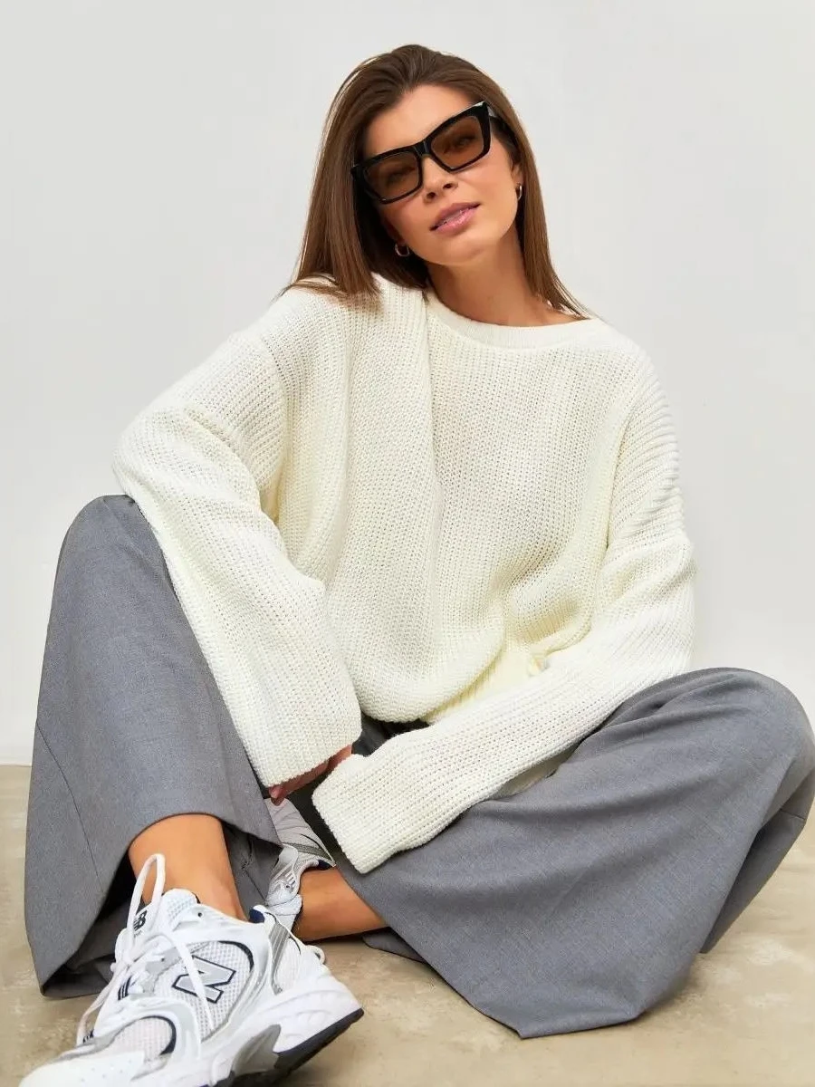 Lockerer Strickpullover rund Ne Color Frühling Herbst Damen Long Sve Lantern Sve Bequeme Passform Strickoberteil