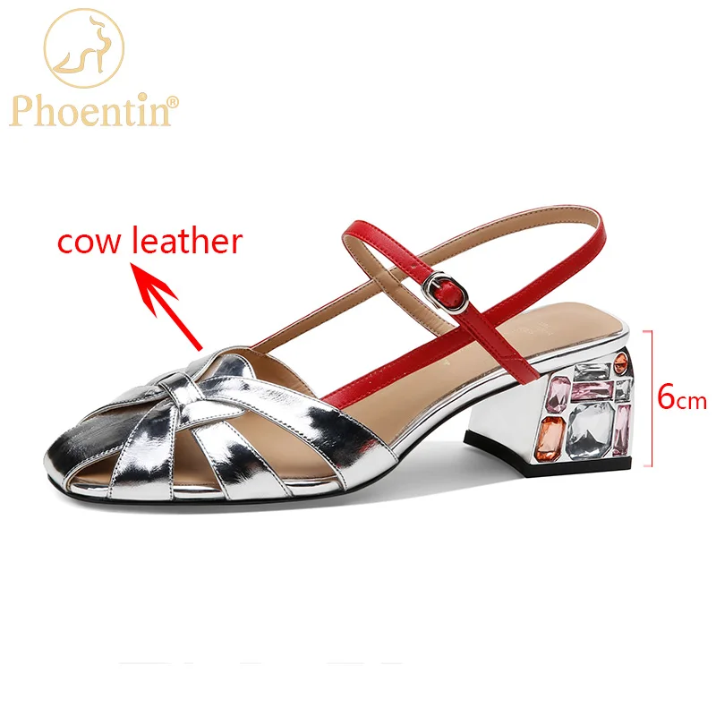 Phoentin Women Genuine Leather crystal high heels slingbacks pumps retro elegant Sandals Ladies hollow out Summer Shoes FT2567