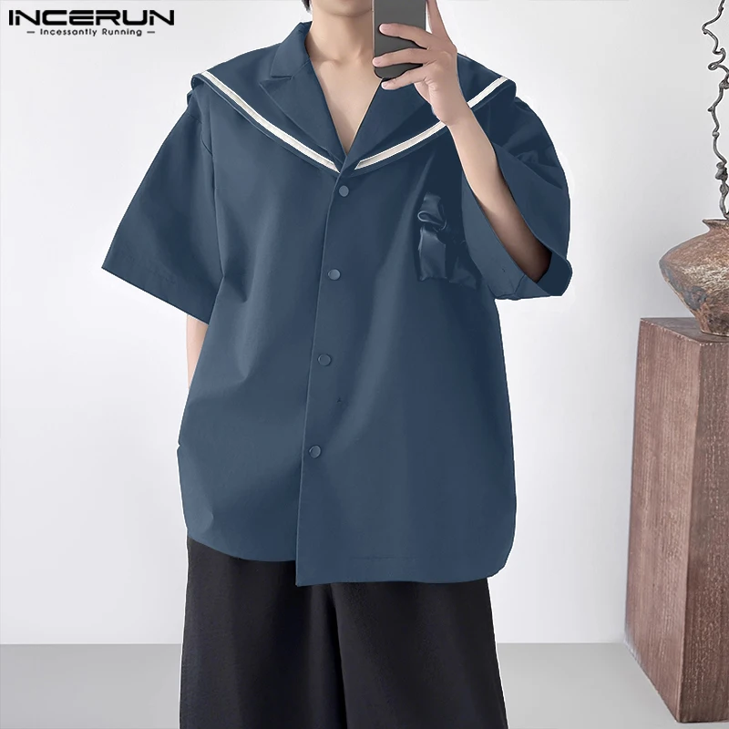 INCERUN Männer Hemd Patchwork Navy Kragen Halbe Hülse Lose Männer Kleidung Streetwear Lose Sommer Koreanischen Stil Bowknot Casual Tops