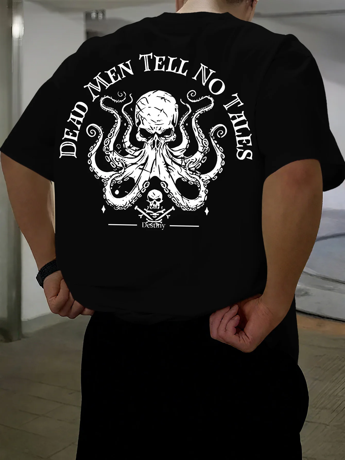 Neues Vintage Piraten-Oktopus-Schädel Grafik-Print T-Shirt für Männer, Locker Geschnittenes Streetwear Kurzarm-Oberteil S-XXL – Detail 2
