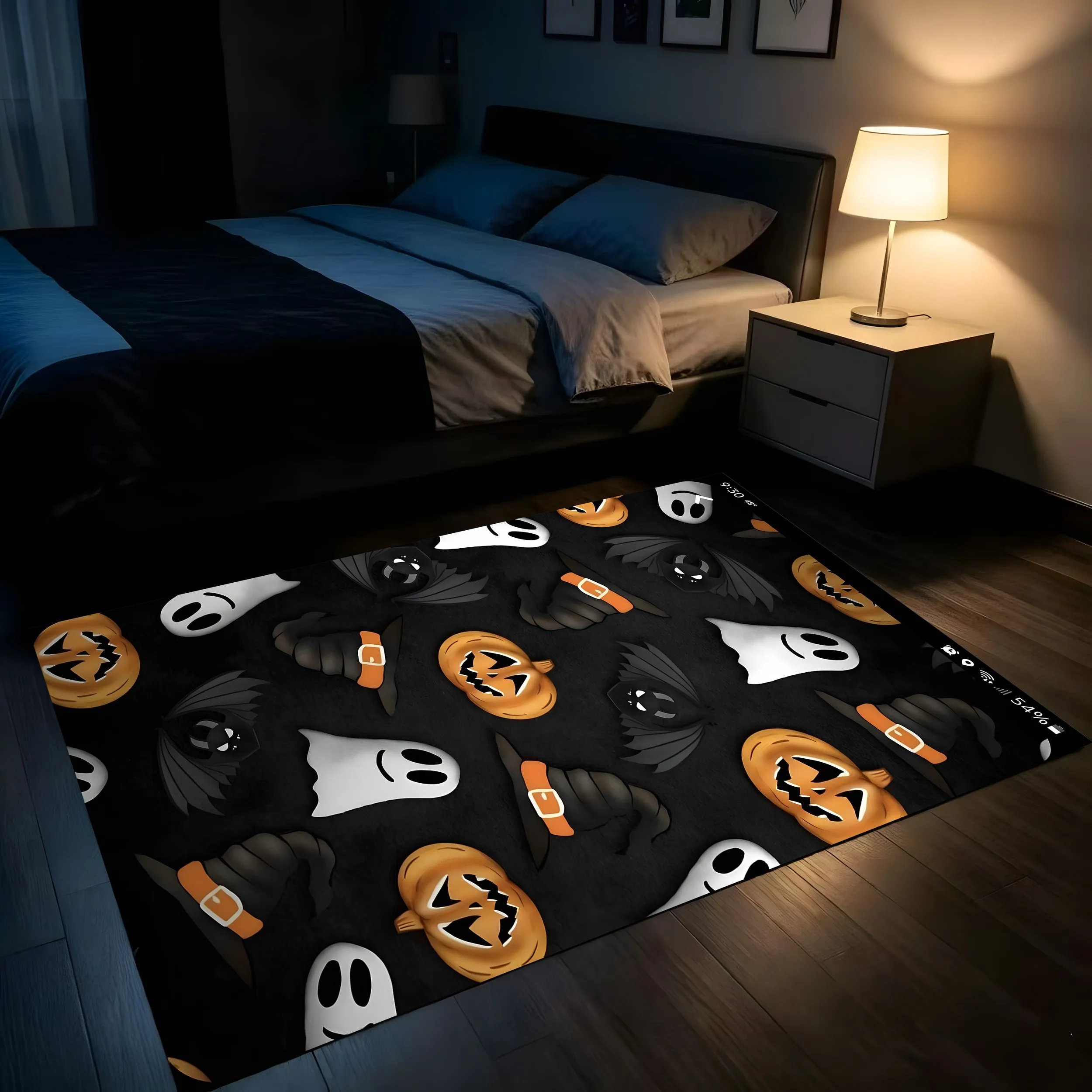 Velvet Pumpkin Ghost Wizard Hat Fun Halloween 2D Rug for Living Room, Bedroom and Party, Warm