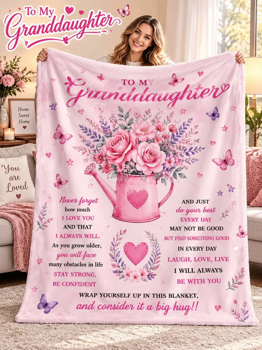 Granddaughter Floral Flannel Blankets & Throws Flower Watering Can Butterfly Quote Gift From Grandma Birthday Christmas Thanksgiving Anniversary Bed Sofa Couch Bedroom Living Room Nap Reading Travel Camping Home Decor Office Dorm Picnic Holiday