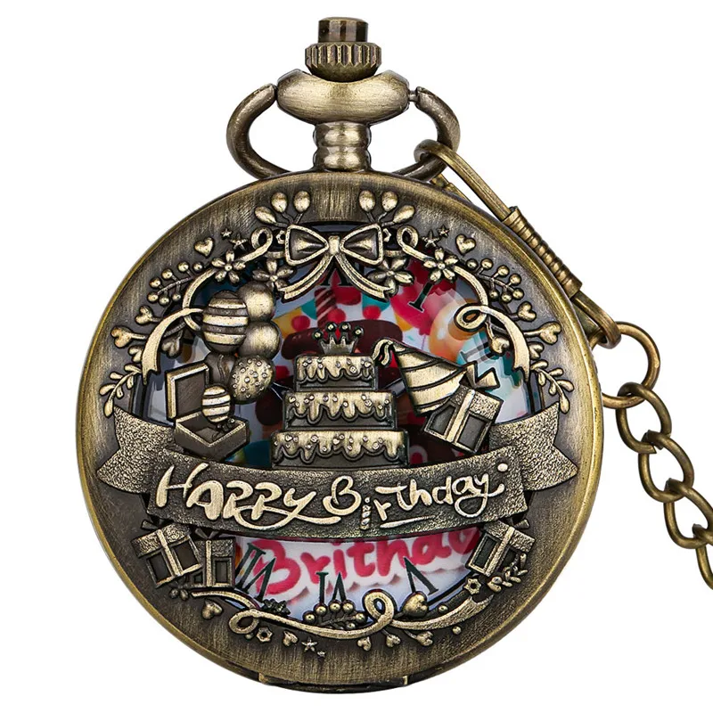 Antique Style Happy Birthday Cake Design Men Women Quartz Pocket Watch Roman Number Dial Necklace Pendant Chain Gift reloj