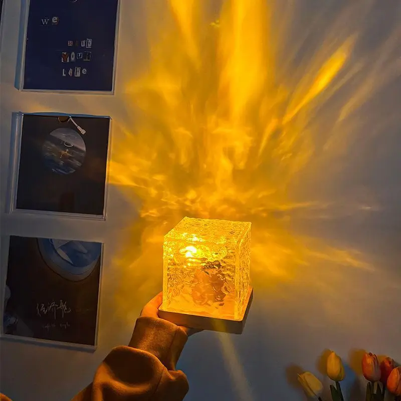 Crystal Lamp Water Ripple Projector Night LightDecoration Home Houses Bedroom AestheticAtmosphere Holiday Gift  Flame Lamp