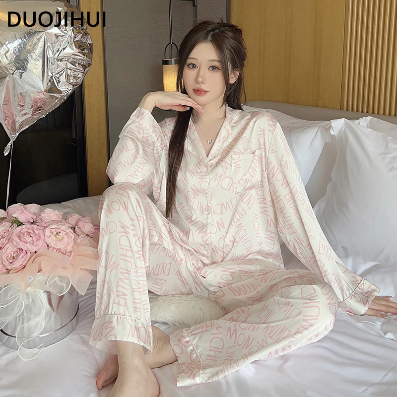 

DUOJIHUI Autumn New Loose Chic Letter Printed Female Pajamas Set Korean Style Sweet Fashion Simple Casual Home Pajamas for Women