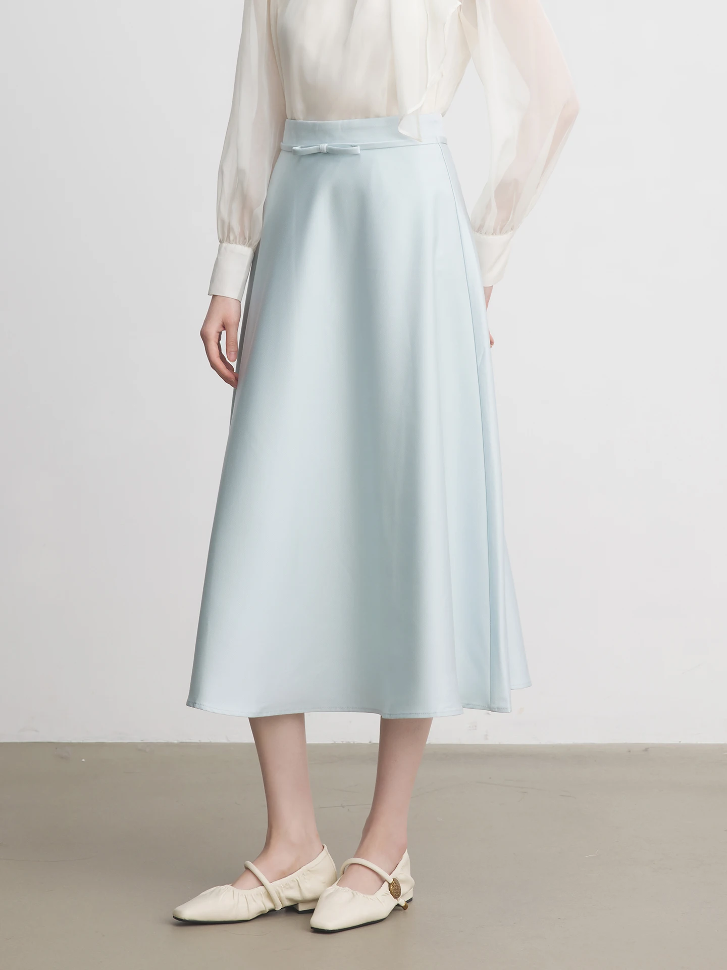 

Annata Blue Satin A-Line Skirt with Bow Tie High Waist Warm Commute Sle Polyester Fiber Zipper Closure Women's Skirt