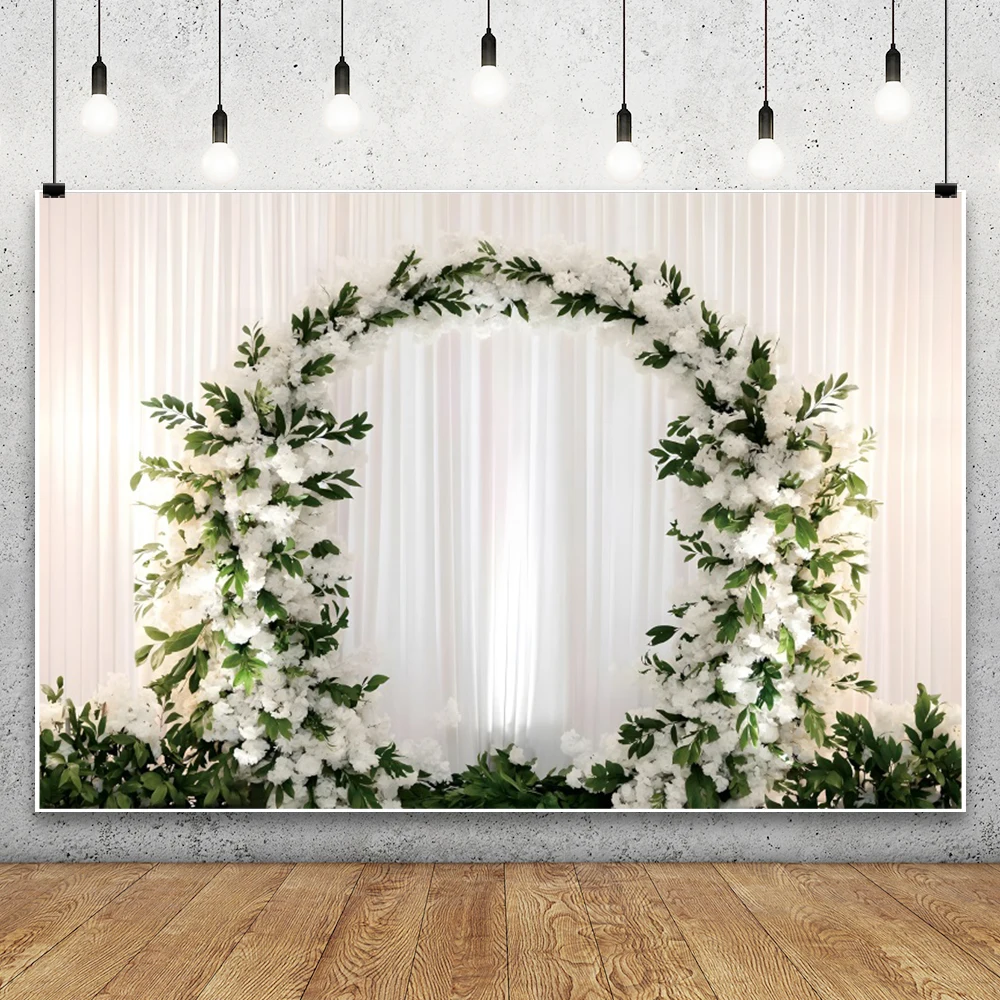 Elegant Floral Arch Romance Wedding Photography Background Dreamy White Curtain Flowers for Brides Portrait Photo Backdrop Props