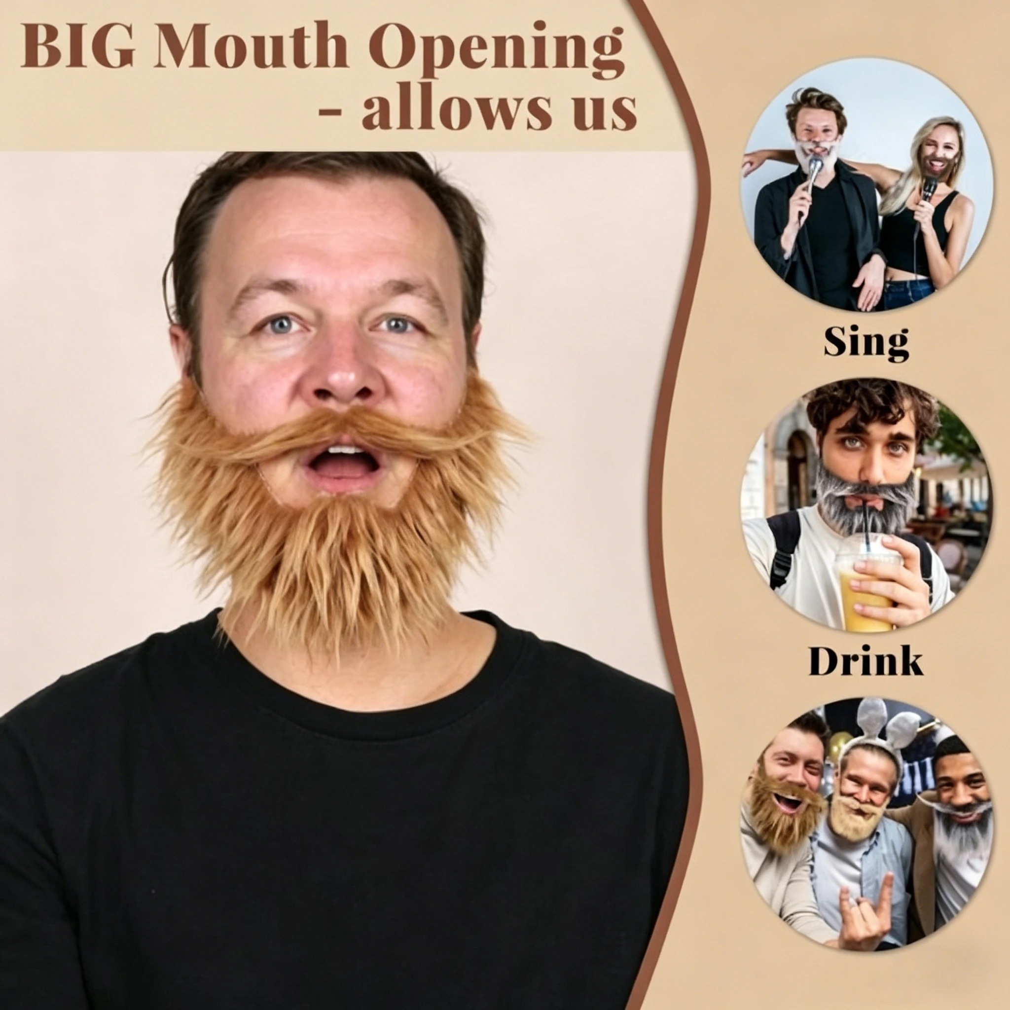 Self Adhesive Fake Beard with Big Mouth Opening, Brown Fluffy Mustache Costume Accessory for Men, Reusable for Halloween Cosplay