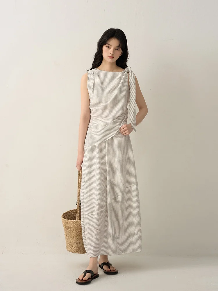 

Повседневный комплект из шелкового льняного топа без рукавов и юбки с бантом, длинная юбка-баллон, простой стильный женский комплект из двух предметов для повседневной носки