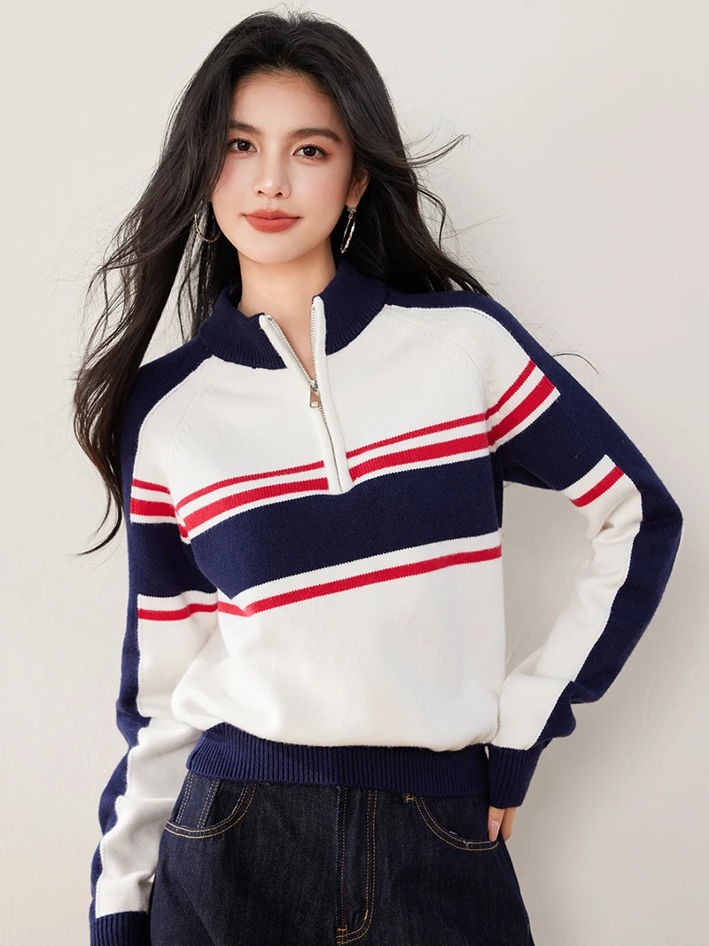 CHEERART Preppy Striped Half Zip Sweater Women Pullovers Long Sleeve Winter Top Knitwears Knitted Jumper Clothes