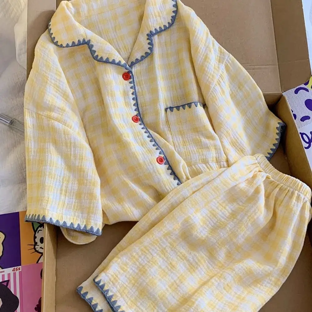 

Comfortable Sweet Plaid Pajamas Set Loose Lattice 2 Piece Nightwear Home Wear Summer Thin Shorts Sleepwear Suit Indoor Outdoor