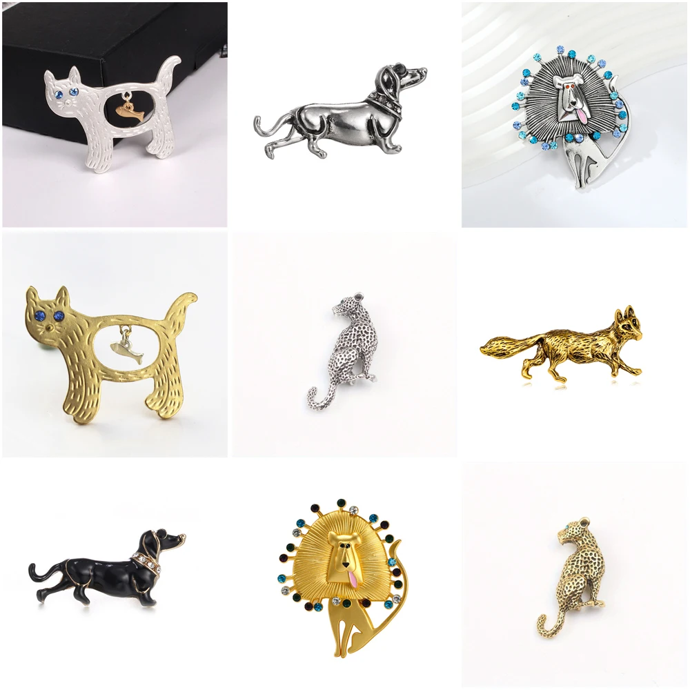 Metal Animal Brooches Set Cat With Fish Charm Dachshund Dog Lion Leopard Fox Rhinestone Lapel Pins Retro Clothing Decor Badge