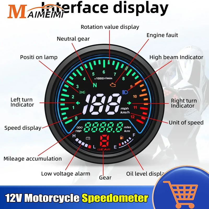 12V Motorcycle Speedometer Odometer Gauge Universal LED Multi-function Digital Indicator Tachometer Oil Level Meter Voltage KMH